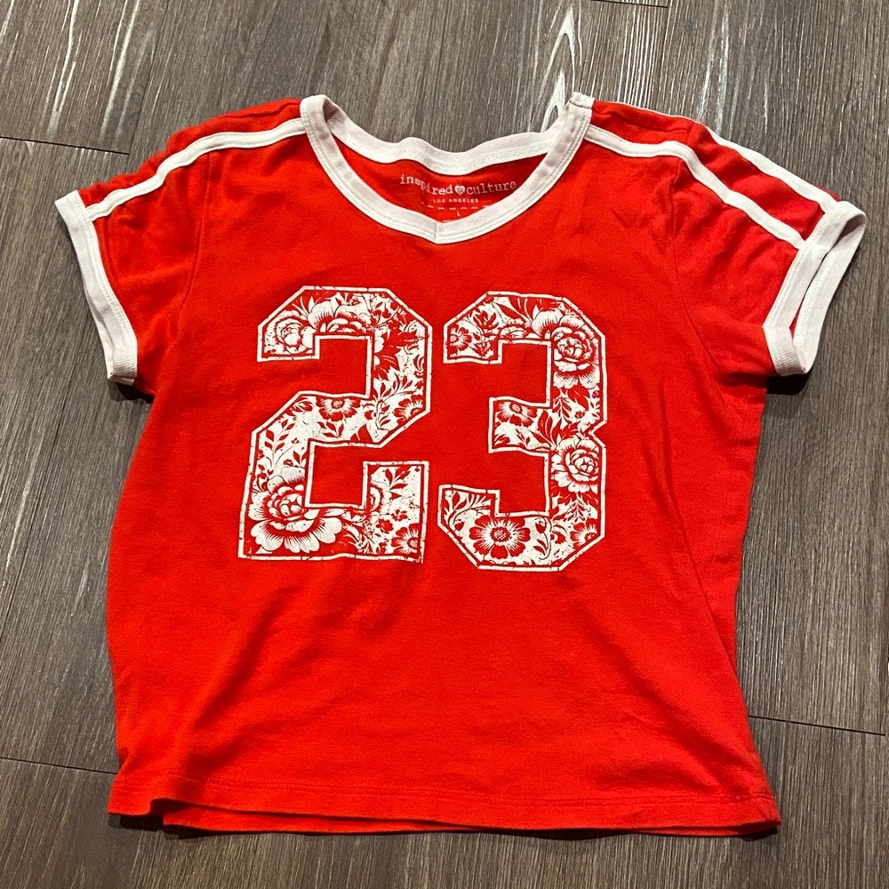 Mi Red Tee with White Floral 23 Design
